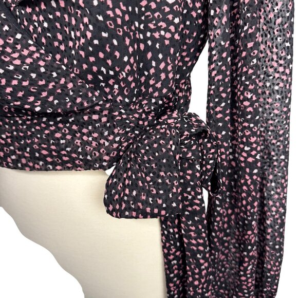 Express Cropped Black Long Sleeve Wrap-Style Blouse‎ with Ruffle V-Neck Size XS - Picture 5 of 10
